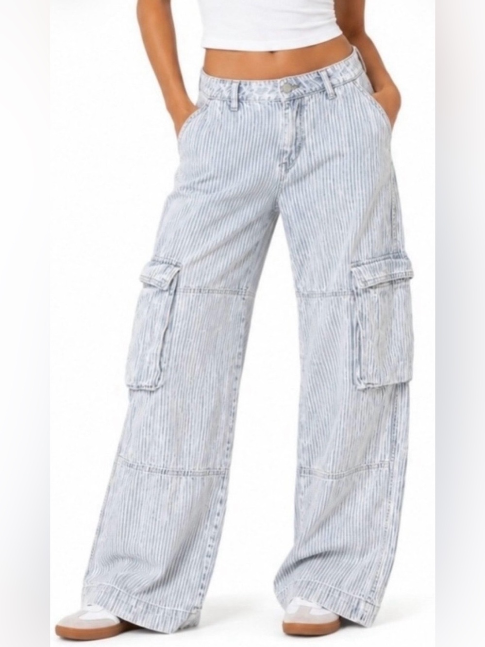 Wild Fable Striped Blue/White Mid-Rise Baggy Cargo Jeans